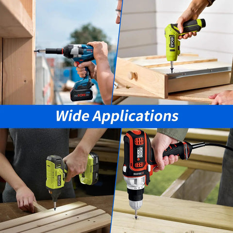Various power drills driving No 10 Deck Screws, 2-1/2 Inch, 65 Pack, Epoxy Coated Carbon Steel into wood for outdoor projects.