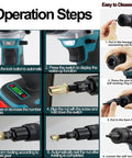 Operation steps for Cordless Electric Rivet Nut Gun With Rechargeable High Capacity Battery And Automatic Riveting For M3 Through M12 Sizes.