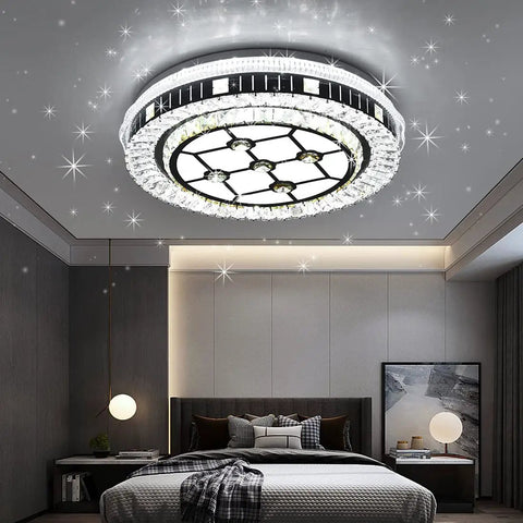 Dimmable Crystal LED Ceiling Light With Remote Control Eighteen Point Nine Inch Flush Mount Fixture 45W in modern bedroom.