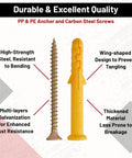 Heavy Duty Self Drilling Drywall Anchors And Screws Zinc Metal Wall Plugs That Grip Tight For No Sweat Setup Durable Self Tapping Design With Solid Fifty Pound Load Capacity 270 Piece Diy Home Fix Kit showing PP & PE anchor and carbon steel screw.