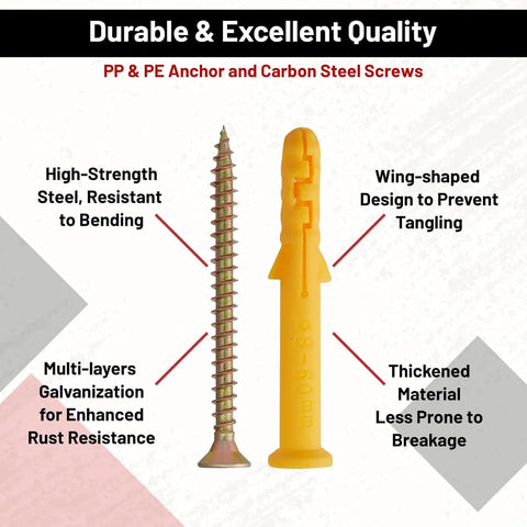 Heavy Duty Self Drilling Drywall Anchors And Screws Zinc Metal Wall Plugs That Grip Tight For No Sweat Setup Durable Self Tapping Design With Solid Fifty Pound Load Capacity 270 Piece Diy Home Fix Kit showing PP & PE anchor and carbon steel screw.