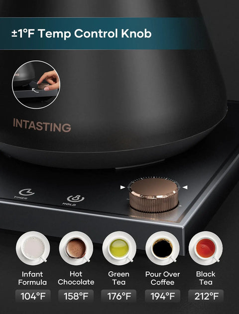 Gooseneck Electric Kettle With Plus Or Minus One Degree Fahrenheit Precision shown with temperature control knob, black design.