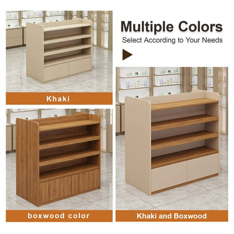 Heavy Duty Double Sided Gondola Shelving With Storage Cabinet Built Tough For Retail Shops And Boutiques in khaki and boxwood colors.