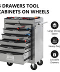 Professional Grade Roll Smooth Lock Tight Tool Storage Cabinet With Sturdy Steel Top And Heavy Duty Ball Bearing Slides For Your Ultimate Garage Setup Silver Finish with six lockable drawers.