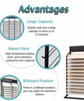 Heavy Duty Floor Tile Display Rack And Sample Organizer Shelf showing large capacity for 12 samples, rust proof baked paint finish.