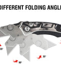 Heavy Duty Stainless Steel Utility Knife Featuring A Durable Fold Handle With Rock Solid Razor Sharp Replaceable Blade For Badass Diy Jobs And Top Shelf Home Repairs at different folding angles.