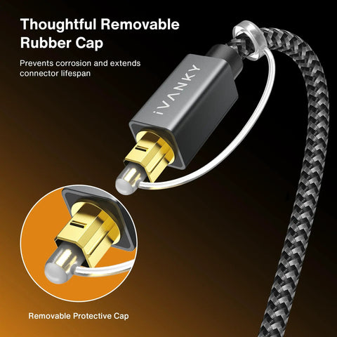 Extra Long 10 Foot Toslink Optical Audio Cable With Rock Solid SPDIF Digital Output For Hassle Free Home Theater Hookups And Flawless Lossless Stereo Audio Performance close-up of removable rubber cap on connector.