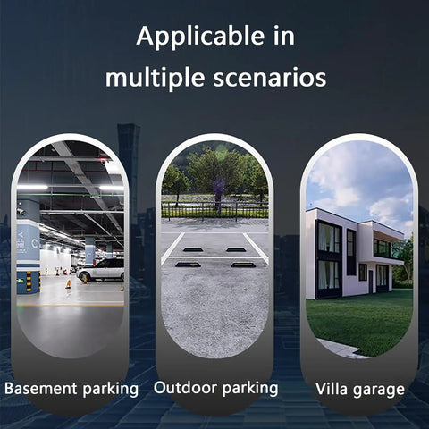 Image showing Heavy Duty Wall Mount EV Charger Protection Box in various scenarios: basement, outdoor, and villa garage settings.