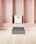 Set Of Three Foldable Cloth Underwear Organizers To Chill Out Drawer Chaos And Keep Your Closet Fresh While Giving Delicate Bras Extra Love During Your Busy Weekday Hustle, grey fabric organizer in a modern room.