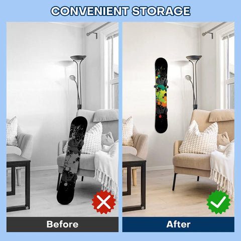 Before and after image showing use of Heavy Duty Snowboard Wall Mount With Slick Pu Rubber Grip To Hold Your Boards Tight For Zero Fuss Garage Storage.