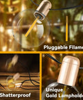 Indoor 2 Pack G50 LED String Lights with Vintage Filament Bulbs, close-up of shatterproof bulb and pluggable filament details