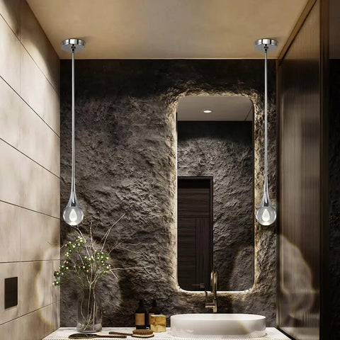Teardrop Crystal Chrome Globe Pendant Light Fixture One Light LED Mini Pendant with chrome finish in modern bathroom