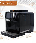 Top Shelf Fully Automatic Espresso Coffee Machine With Built In Milk Cooler And Precision Burr Grinder showing dimensions 16.5in x 12.5in x 9.4in.