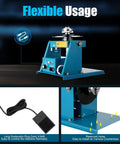 Rock Solid Rotary Welding Positioner Turntable Table Featuring Quick 110V Spin Smooth Foot Pedal Control And Durable 2.5 Inch Cast Iron Work Surface For Hassle Free Annular Weld Jobs with blue base and foot pedal.