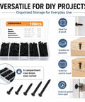 198 Piece Black Phosphated Screw Kit With Multi Size Assortment organized in 5-compartment case for DIY woodworking projects