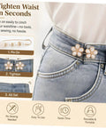 Image demonstrating Eight Piece Pearl Waist Tightener Pin Set Elegant Alloy Dress Cincher Clips securing loose trousers effortlessly.