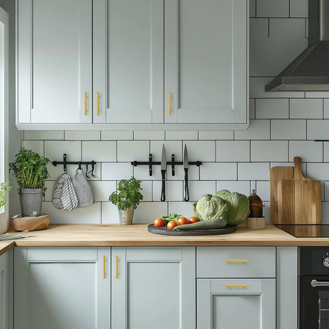 Modern kitchen with brushed stainless steel cabinet handles and 3 inch center to center hole spacing for an upgraded look.
