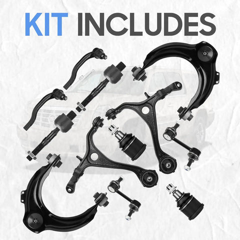12 Piece Front Suspension Kit For Honda Accord And Acura Tsx includes 2 upper control arms and 2 lower control arms with ball joints.