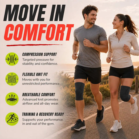 Gym Rat Approved Unisex Compression Knee Support Sleeve Boasting Four Way Stretch Fabric For Peak Flexibility And Serious Joint Armor During Heavy Lifting Sessions And Everyday Hustle In Sleek Black Medium Cut worn by two joggers outdoors.