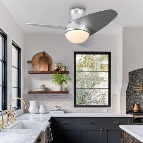 36 Inch Low Profile Ceiling Fan With Lights Flush Mount Reversible DC Motor Dimmable LED in a modern kitchen setting
