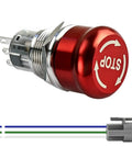 Rock Solid 19mm Stainless Steel Emergency Stop Push Button Switch With Socket 1NO 1NC Contacts 12V To 250V showing the red push button and wiring.