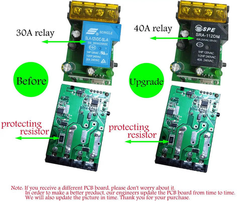 30A to 40A upgrade on High Power Wireless Remote Relay Switch for 12V and 24V systems, protecting resistors visible