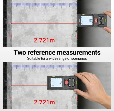Pro Grade Laser Tape Measure, 328 Ft Digital Distance Meter With Bubble Level showing two measurement references on a wall.