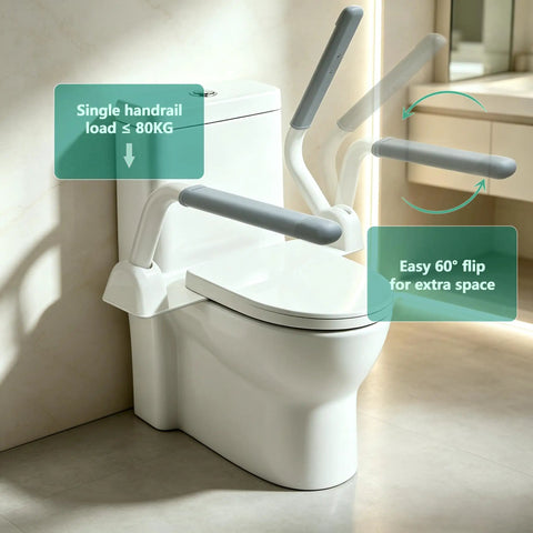 Heavy Duty Toilet Safety Rails For Seniors Rock Solid Sit To Stand Support With 500 Lb Flip Up Arms No Sweat No Drill Install Non Slip Grips For Smooth Bathroom Lifts, showing gray flip up arms and sturdy toilet installation.
