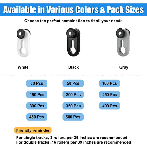 Heavy Duty Curtain Track Rollers With Whisper Quiet Gliding For Slick Moving Ceiling Or Wall Mounted Drapes in white, black, gray options.