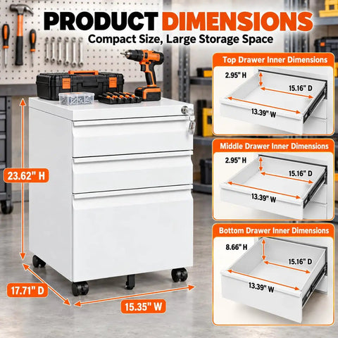 Built Tough As Nails Three Drawer Rolling Tool Chest With Swivel Wheels And Heavy Duty Locks Slick White Steel Shop Organizer product dimensions.