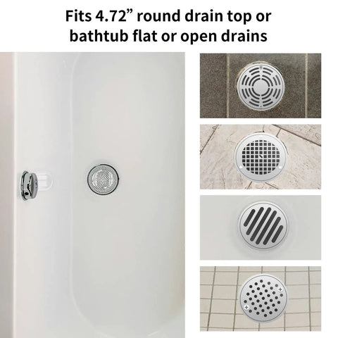 Solid Build 4 Pack Shower Drain Hair Catcher With Thick Silicone Rim Heavy Duty Stainless Steel Strainer Fits 4.72 Inch Floor Drains No More Clogs Bathroom Essential Real Deal showing different drain fitting styles.