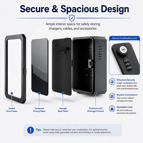 Beast Mode Weatherproof Ev Charger Enclosure With Premium Heavy Duty Pedestal Stand And Secure Combo Lock For Built Different Home Or Commercial Charging Installation showing sealed door frame, tempered glass, and interior space.