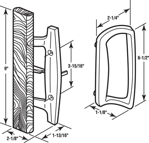 Diagram of replace damaged sliding glass door handle with this white diecast mortise hook style set that fits 3 15 16 inch hole spacing