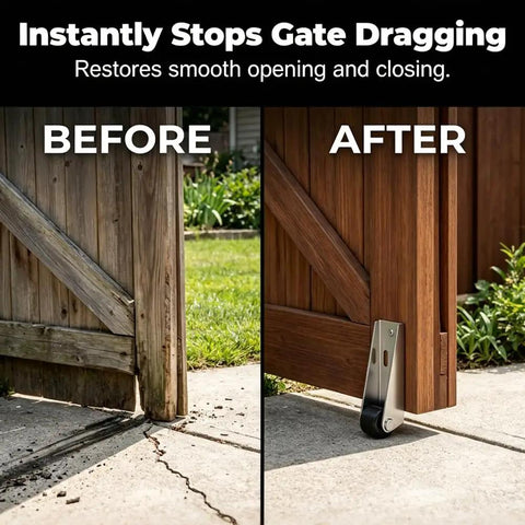 Before and after comparison showing gate fix with Heavy Duty Vertical Track Roller Wheels For Sliding Doors And Barn Cabinets.