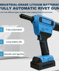 Cordless Lithium Ion Electric Pop Rivet Gun With Quiet Brushless Motor And Full Auto Cycle, blue color, compact design, for precision riveting.