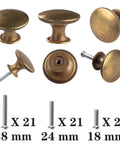 Brass Round Cabinet Knobs Set Antique Finish 20 Pack With Screws Kitchen, showing multiple angles and three screw sizes.