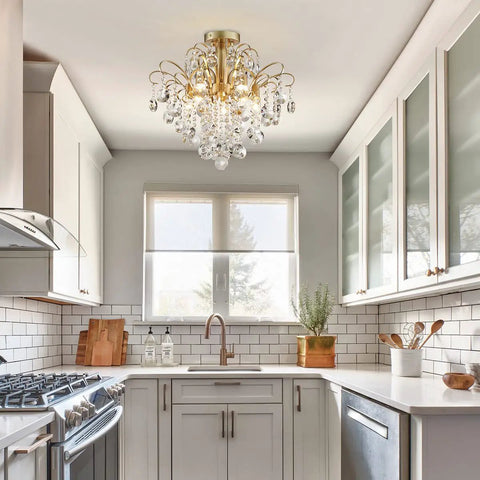 Crystal Chandelier Flush Mount Ceiling Light With Sparkling Glass Crystals Glam Gold Finish Modern Fixture in a kitchen