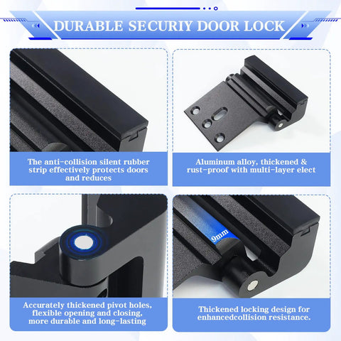 Child Safe Door Reinforcement Lock 2 Pack With 800 Pounds Of Force, heavy duty aluminum, close-up view showing parts and features.