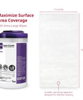 Germicidal Disposable Wipes For Hard Surfaces, Extra Large 5 By 8 Inch, Pop Up Dispenser, 65 Count with dimensions shown