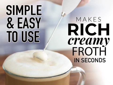 Complete Home Coffee Frother Set With Upgraded Ultra Stand Barista Grade Handheld Milk Foam Maker frothing milk in a cup.