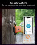 WiFi Garden Hose Water Timer With Hub For Remote Auto Irrigation shown in rain with app control features on display
