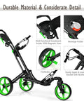 Aluminum Three Wheel Golf Pull Cart Featuring A Spinning Front Roller Manual Foot Brake Adjustable Height Bar And Secure Elastic Straps For A Hassle Free Rollout That Glides Smooth Across Any Fairway with beverage holder and scoreboard.
