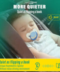 Baby sleeping peacefully in a car seat with a pacifier, emphasizing a quiet environment for restful travel.