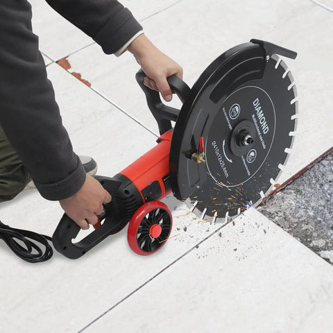 Job Site Ready 16 Inch Wet Dry Electric Concrete Cutting Saw With Integrated Water Pump And Extended Hose For Crisp Dust Free Grooving On Granite Tile Stone Wood And Brick Works Heavy Duty 4000 Watt Power Rig in use cutting through tile.