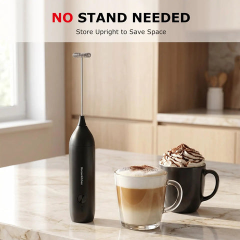 Rechargeable Handheld Milk Frother With USB C Charging, Cordless Electric Foam Maker And Stainless Steel Whisk on counter with coffee