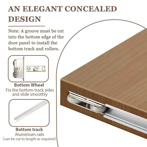 38 Inch Concealed Barn Door Hardware Kit, Bottom wheel assembly and aluminum track detail for smooth installation.