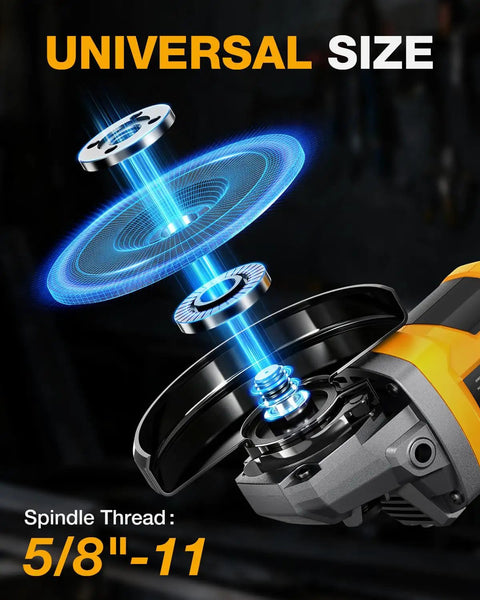 Exploded view of Tough As Nails Five Inch Cordless Angle Grinder spindle thread 5/8"-11 components highlighting universal size.