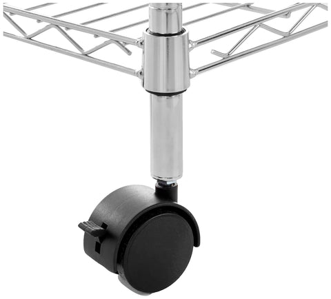 Rock Solid Heavy Duty Chrome Steel Wire Shelving Rack With Smooth Ball Bearing Casters And Adjustable Height Settings close-up of caster wheel.