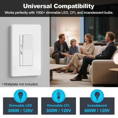 Sleek Super Slim Slide Dimmer Switches 6 Pack White installed, compatible with dimmable LED, CFL, incandescent bulbs, modern design.