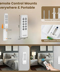 Wireless Remote Control Outlet Kit with 5 outlets and 2 remotes, wall mounts, and hardware for easy installation, 15 amp, 100-foot range